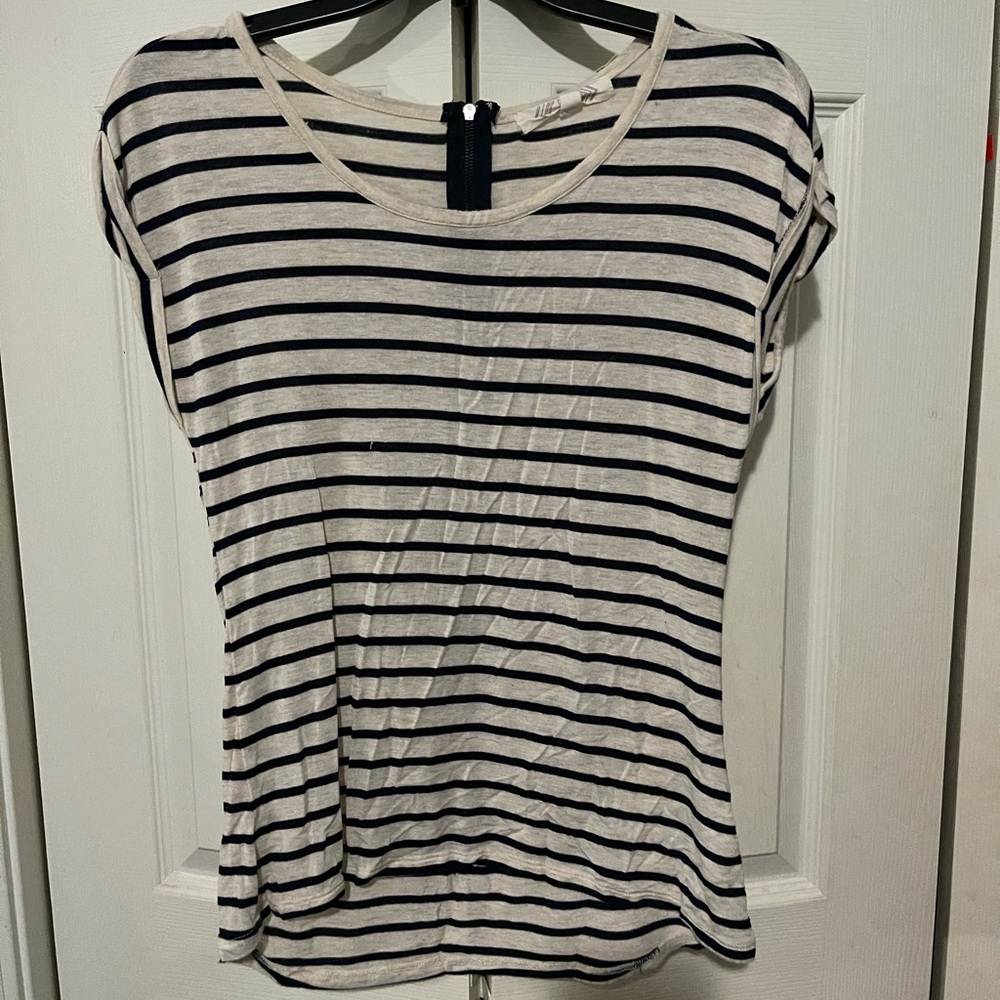 Navy Blue and Cream Striped Short Sleeve Shirt